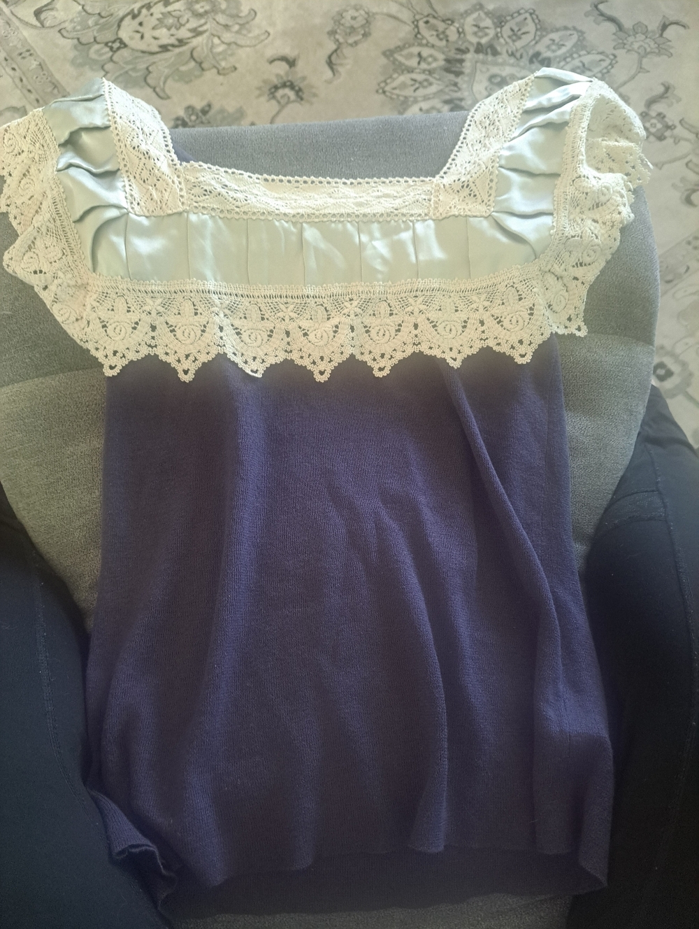 Square-Neck Lace Trim Women's Top in Navy and Cream